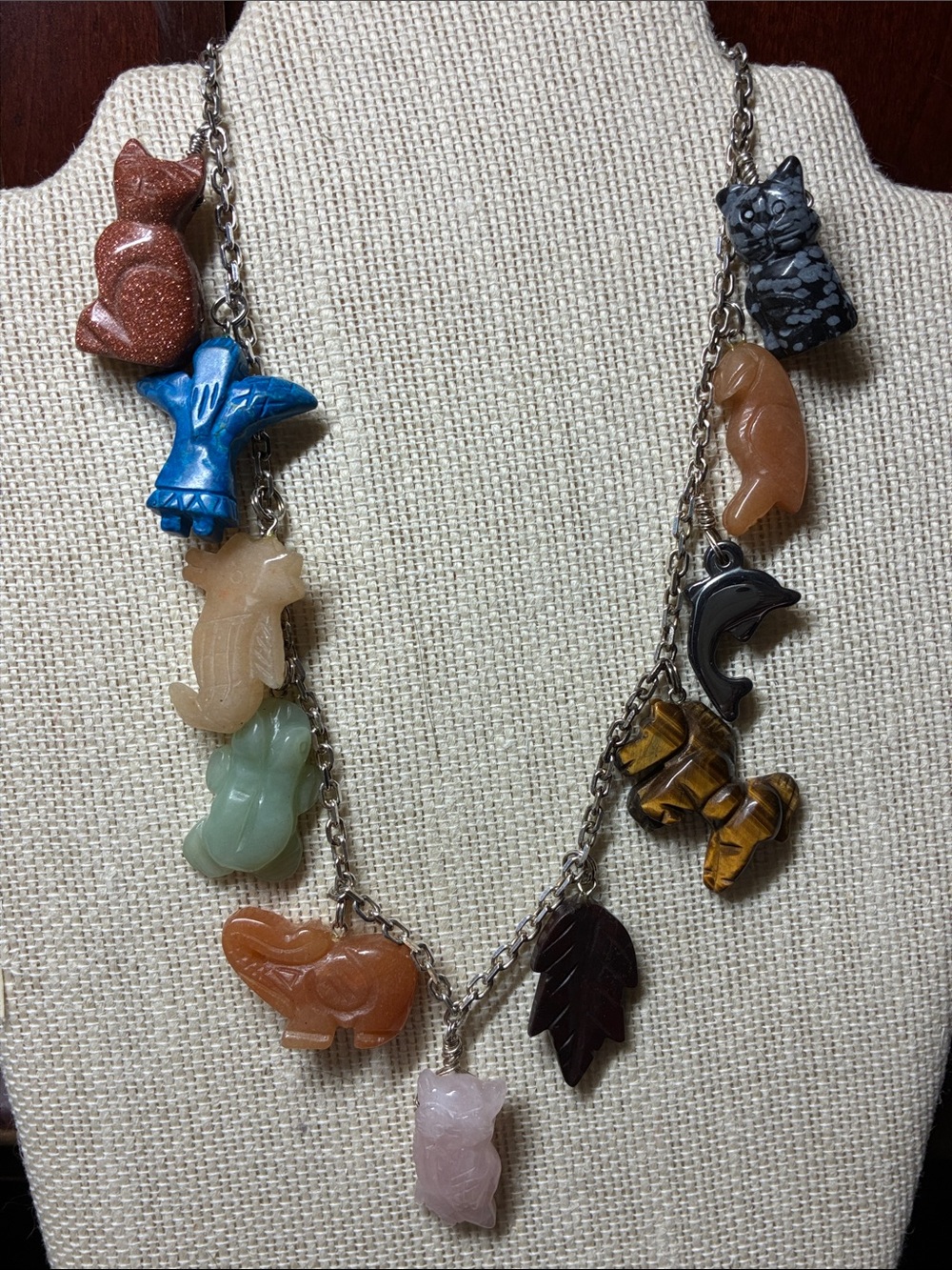Multi-gemstone Animal Charm Necklace - Mixed Colors on a Sterling silver chain